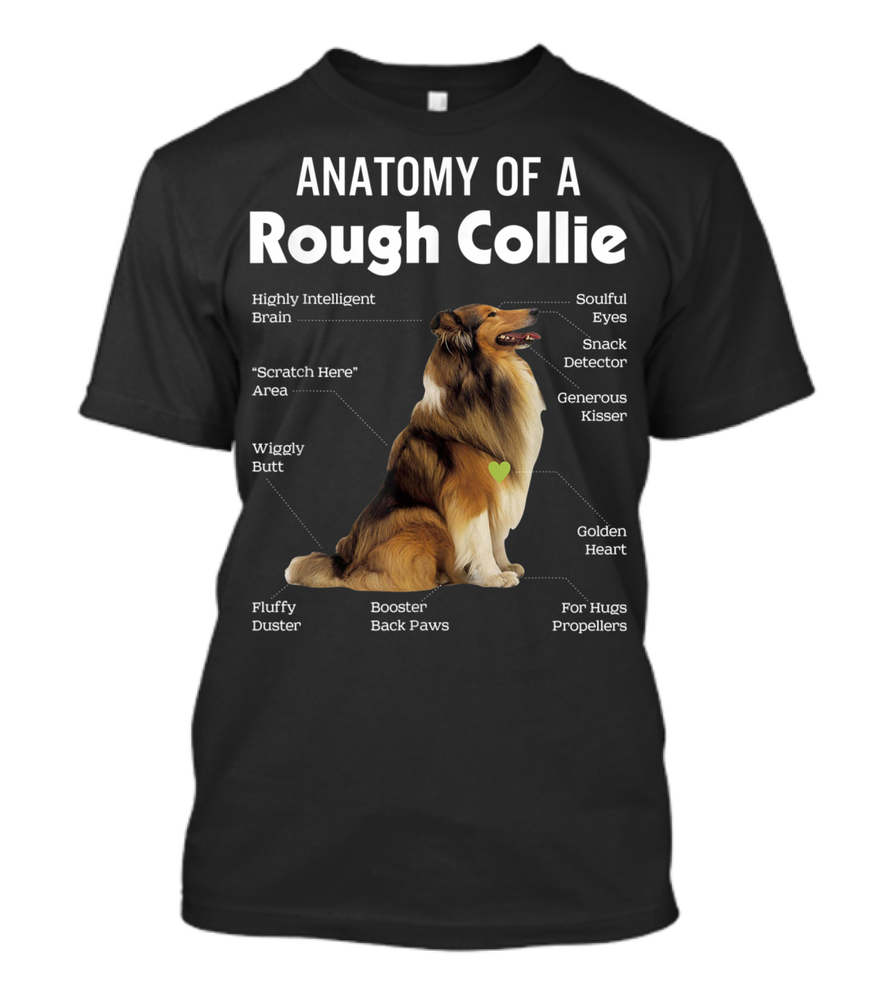 Anatomy Of A Rough Collie Highly Intelligent Brain Soulful Eyes Generous Kisser Golden Heart Wiggly Butt Fluffy Duster Back Paws T-Shirt