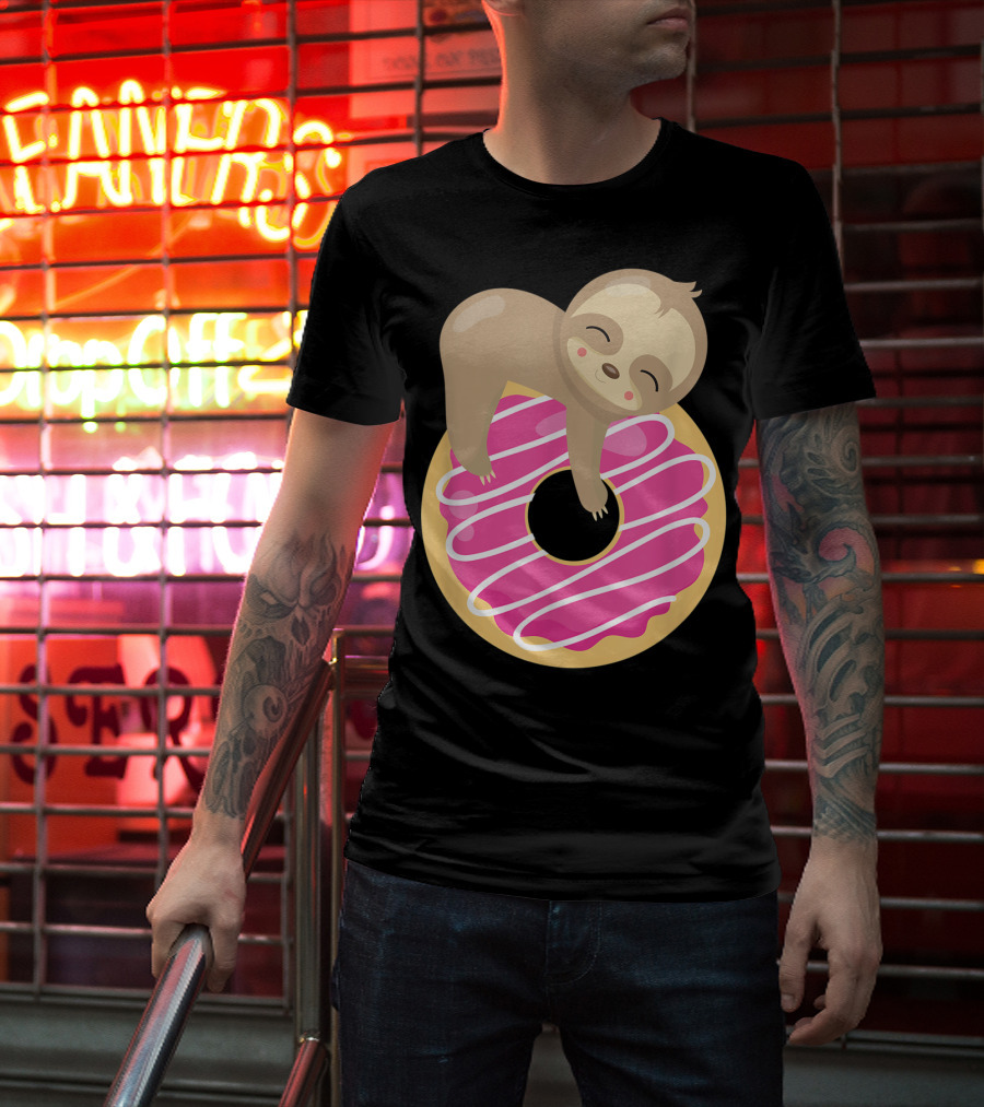 Baby Sloth Sleeping On Pink Frosted Donut T-Shirt
