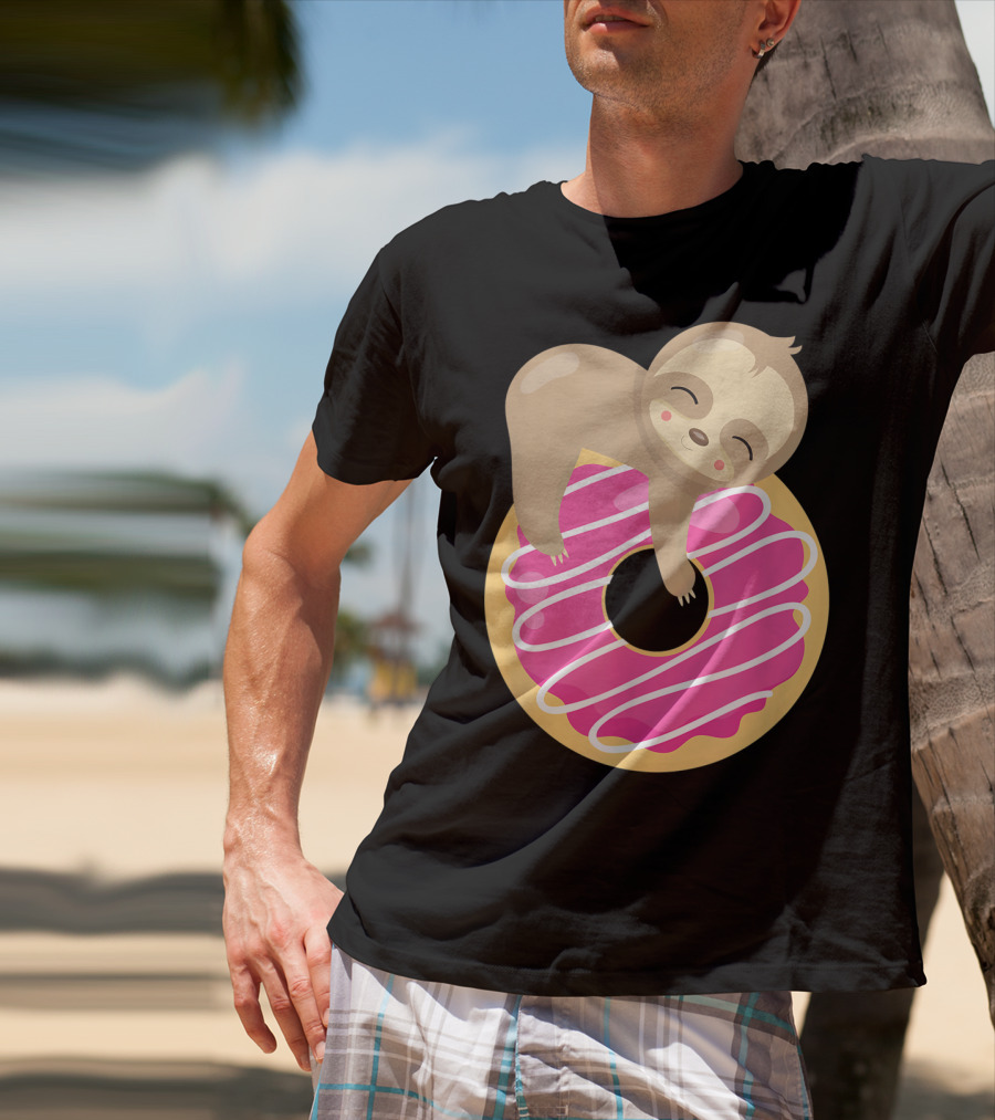 Baby Sloth Sleeping On Pink Frosted Donut T-Shirt