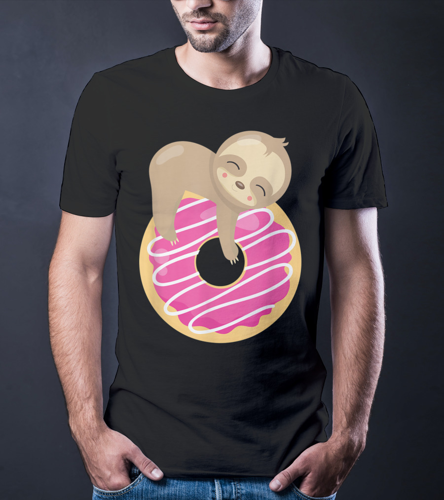 Baby Sloth Sleeping On Pink Frosted Donut T-Shirt