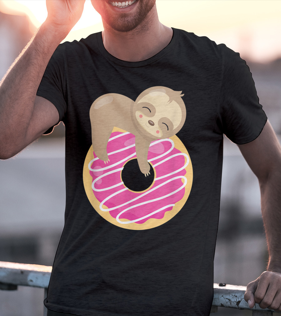 Baby Sloth Sleeping On Pink Frosted Donut T-Shirt