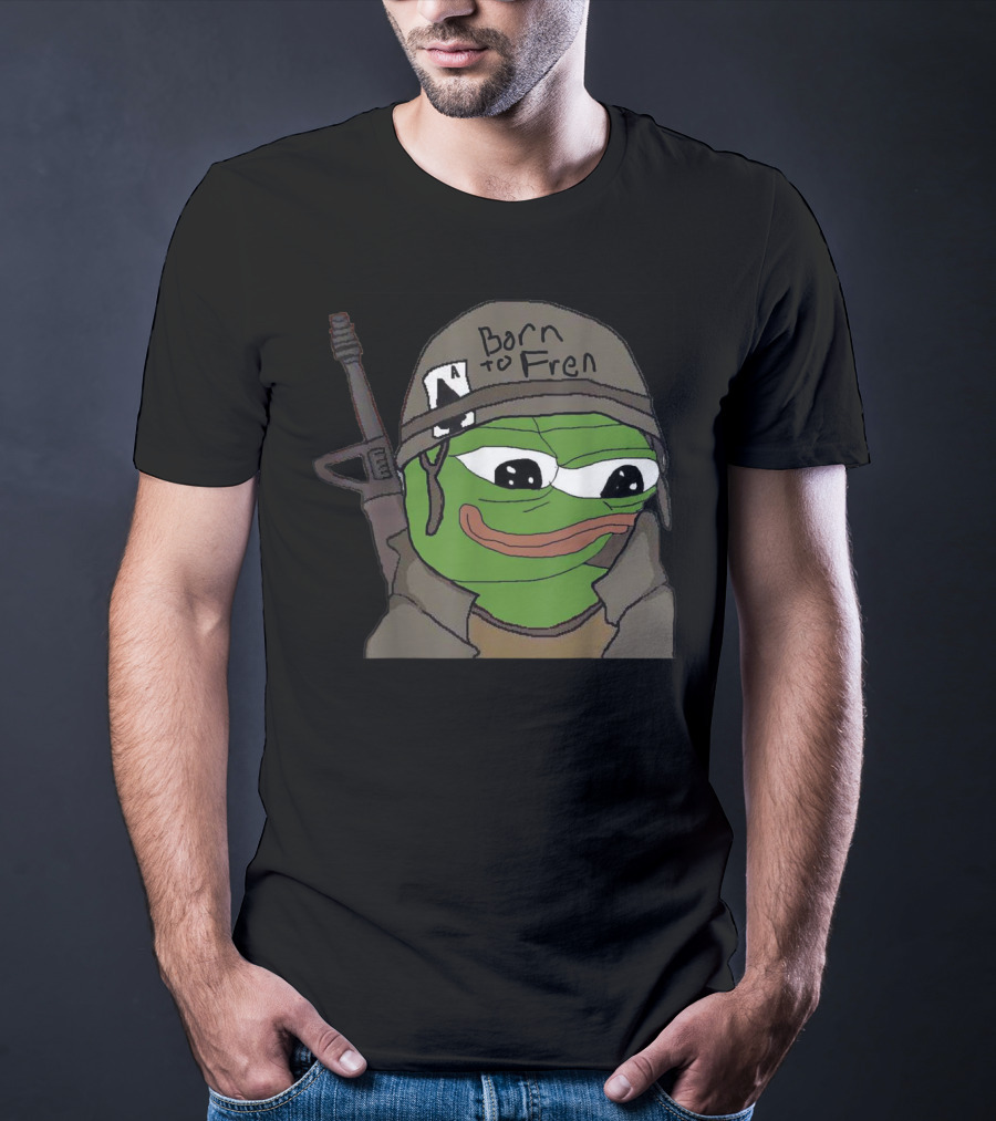Born To Fren Pepe Military Helmet Cartoon With Rifle T-Shirt