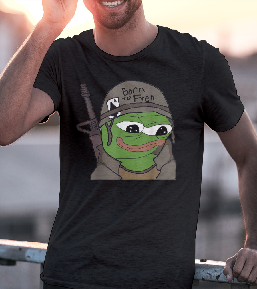 Born To Fren Pepe Military Helmet Cartoon With Rifle T-Shirt