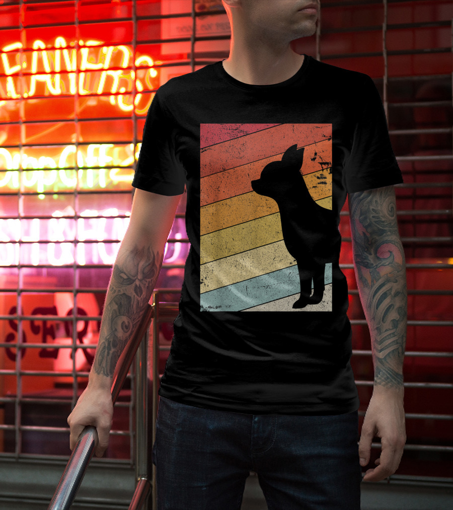 Chihuahua Style Retro Silhouette With Vintage Rainbow Stripes T-Shirt