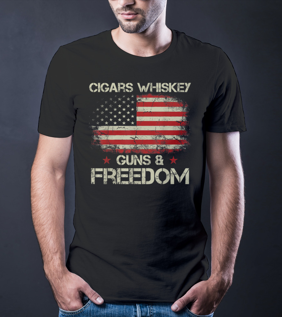 Cigars Whiskey Guns Freedom American Flag Patriotic USA Stars Stripes T-Shirt