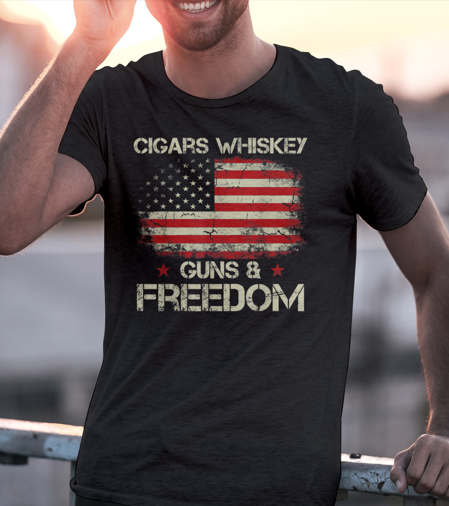 Cigars Whiskey Guns Freedom American Flag Patriotic USA Stars Stripes T-Shirt