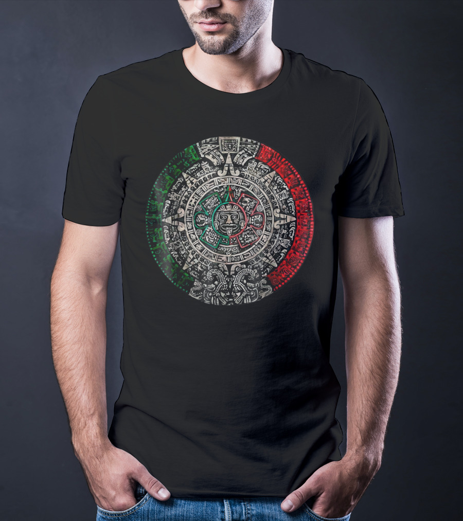 Aztec Calendar Sun Stone Mexican Flag Colors Carving Maya Mayans T-Shirt