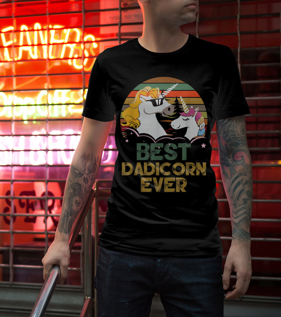 Best Dadicorn Ever Retro Funny Unicorns With Sunset Stripes T-Shirt
