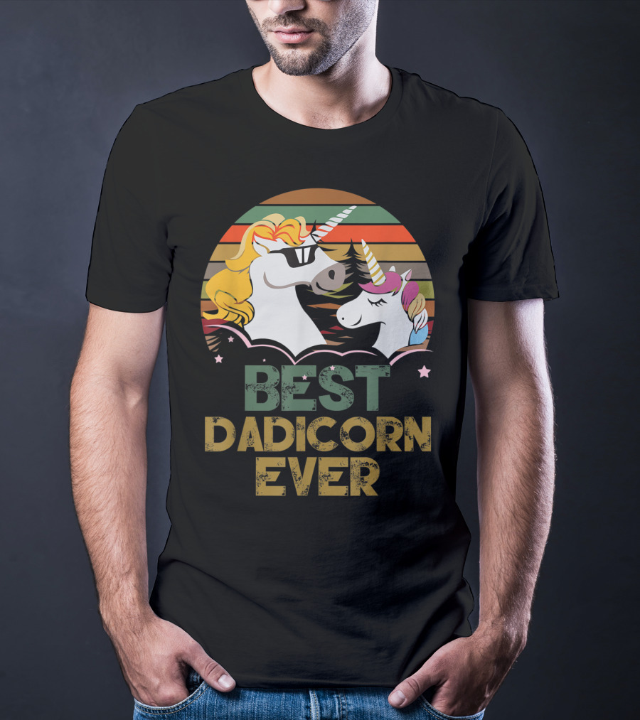 Best Dadicorn Ever Retro Funny Unicorns With Sunset Stripes T-Shirt