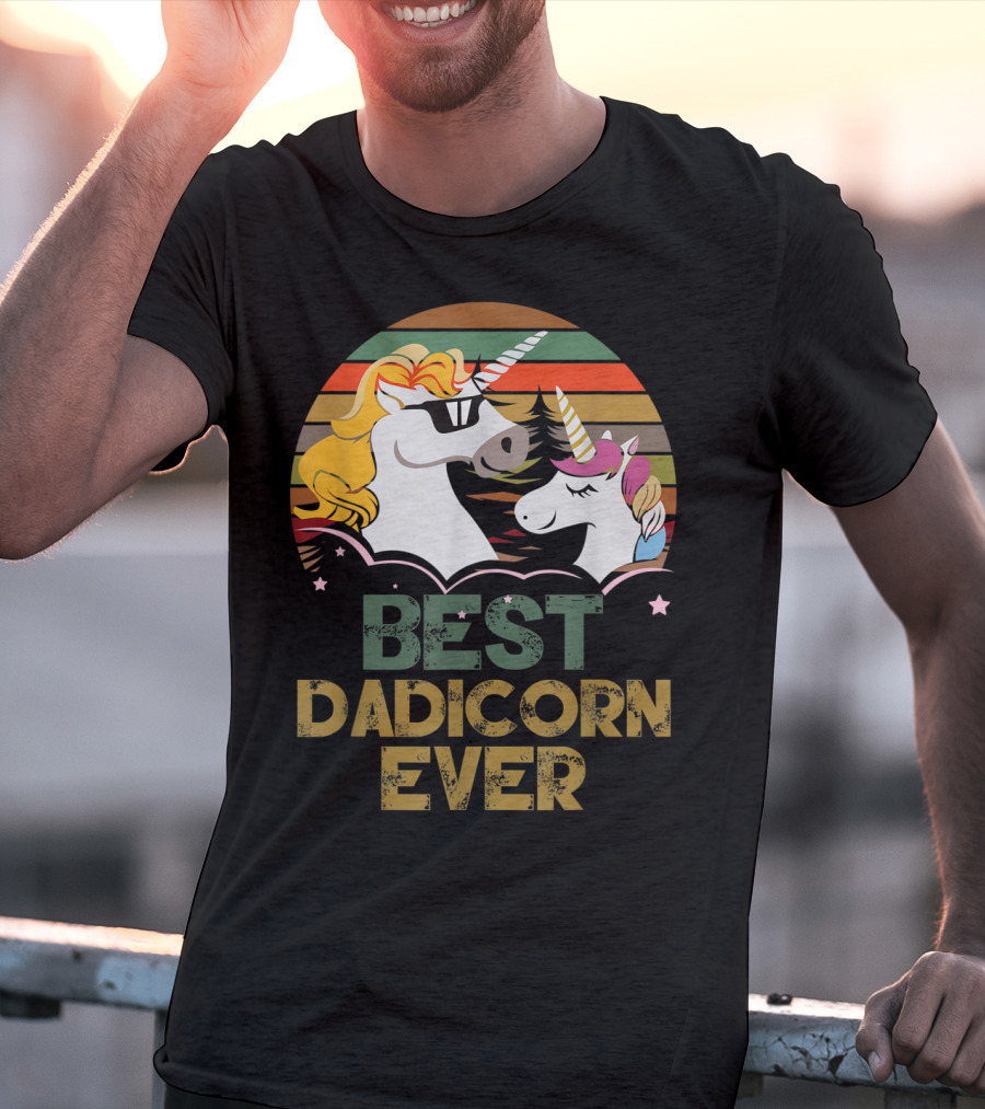 Best Dadicorn Ever Retro Funny Unicorns With Sunset Stripes T-Shirt
