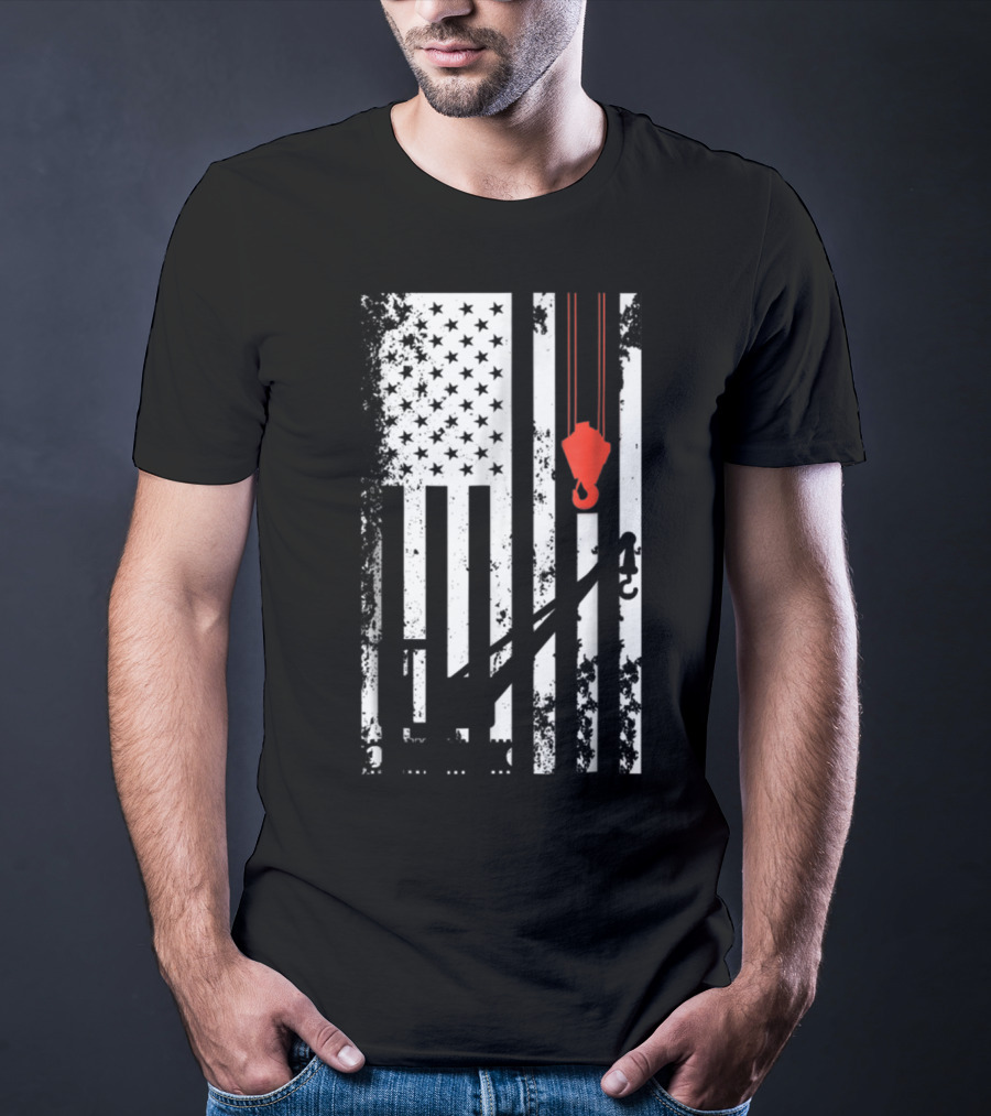 American Flag Crane Operator Hook And Lines T-Shirt