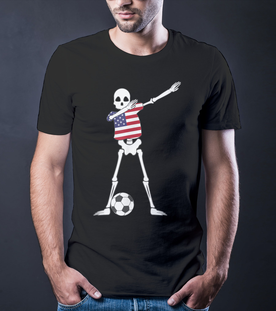 Dabbing Skeleton USA Soccer American Flag Dab Dance Football T-Shirt