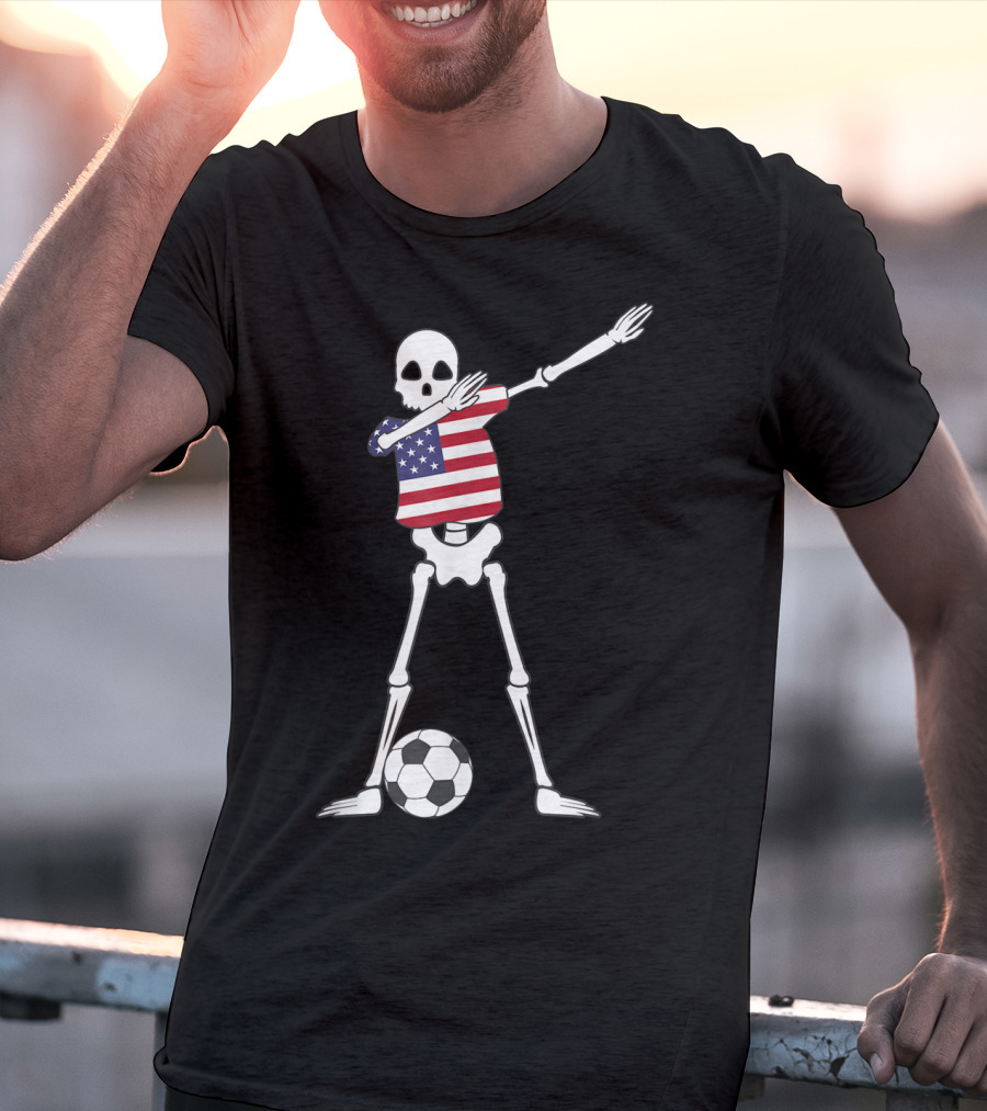 Dabbing Skeleton USA Soccer American Flag Dab Dance Football T-Shirt