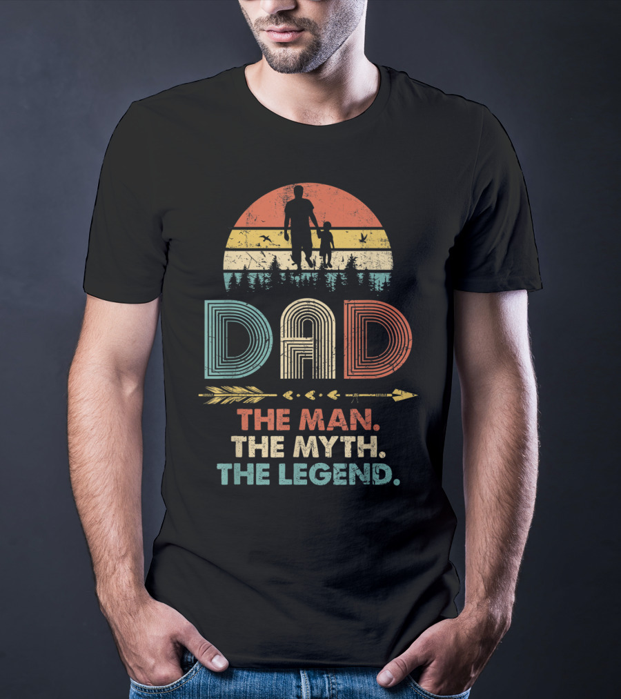 Dad The Man The Myth The Legend Vintage Papa Silhouette Retro Sunset Forest Arrow T-Shirt