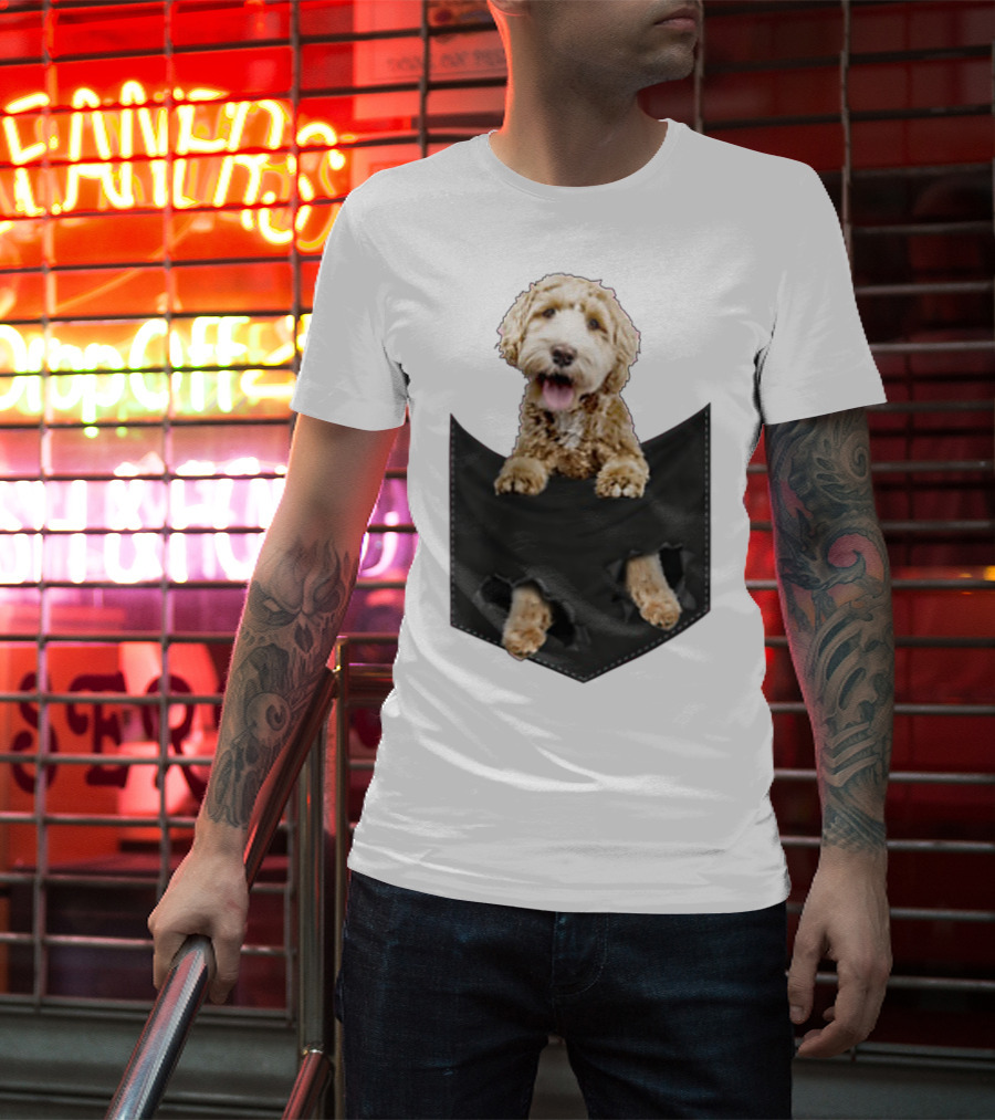 Dog In Your Pocket Labradoodle Peeking Out Pawing Through Black Pocket T-Shirt