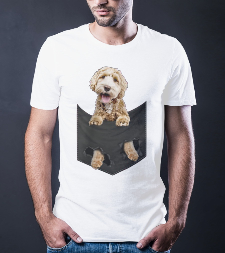 Dog In Your Pocket Labradoodle Peeking Out Pawing Through Black Pocket T-Shirt