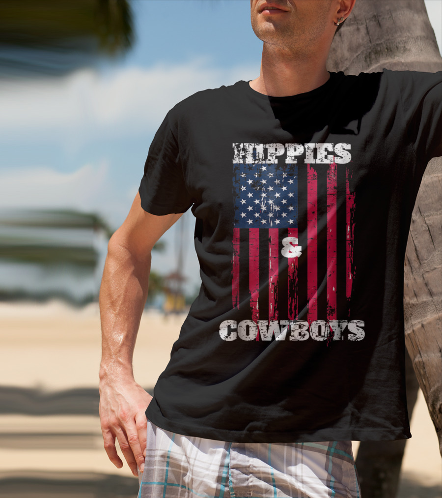 Hippies Cowboys And American Flag Distressed Look T-Shirt