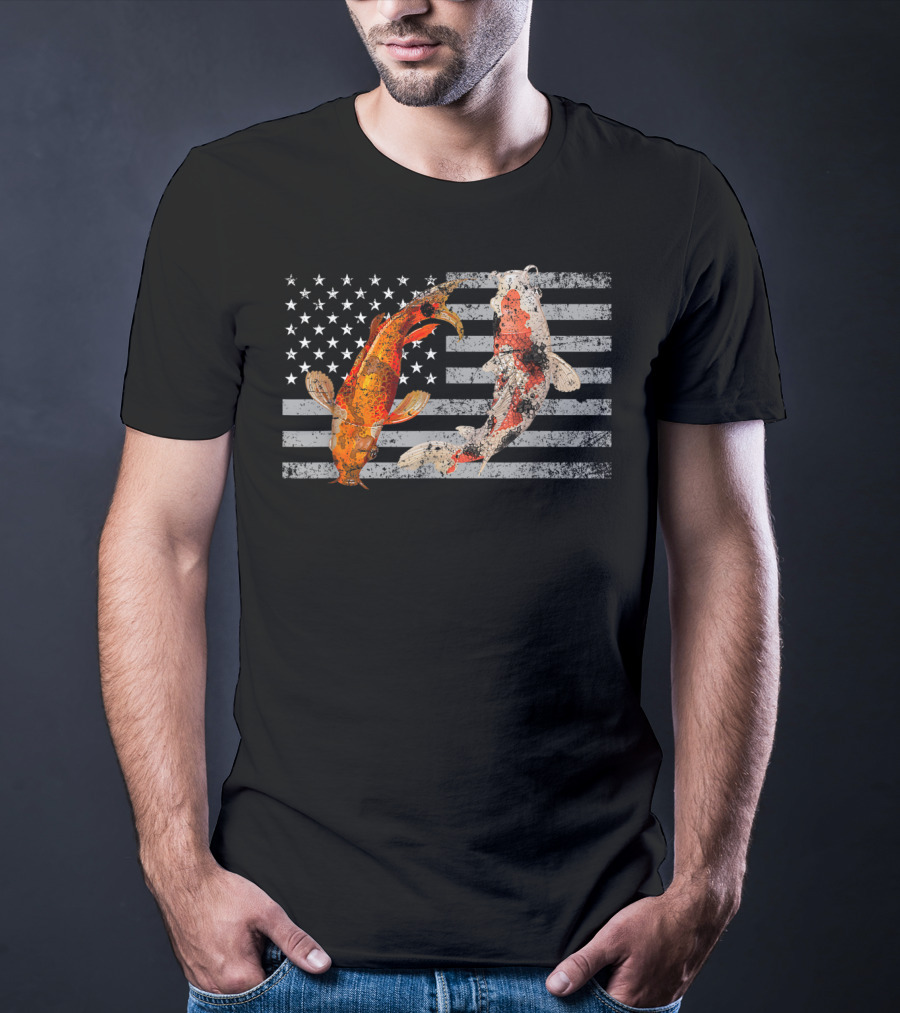 USA Flag With Japanese Koi Fish And Koi Carp T-Shirt