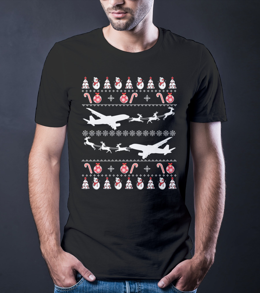 Airplanes Ugly Christmas Sweater Reindeer Snowman Candy Cane Holiday T-Shirt