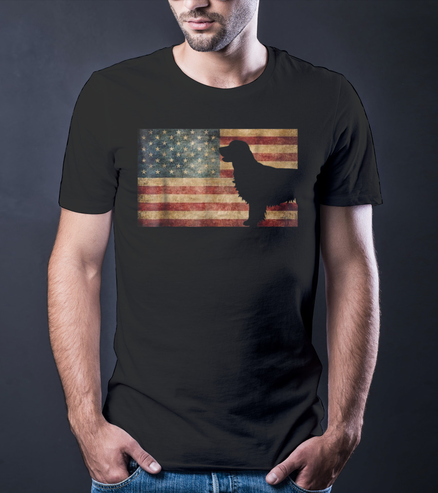 Golden Retriever Silhouette With Vintage American Flag T-Shirt