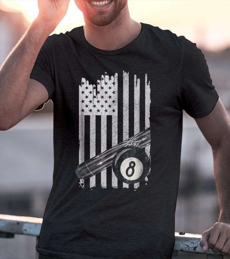 American Flag Billiard Cue And 8 Ball Pool Table T-Shirt