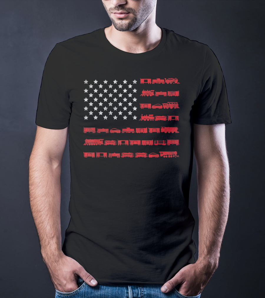 American Flag Made Of Red Railroad Trains And White Stars T-Shirt