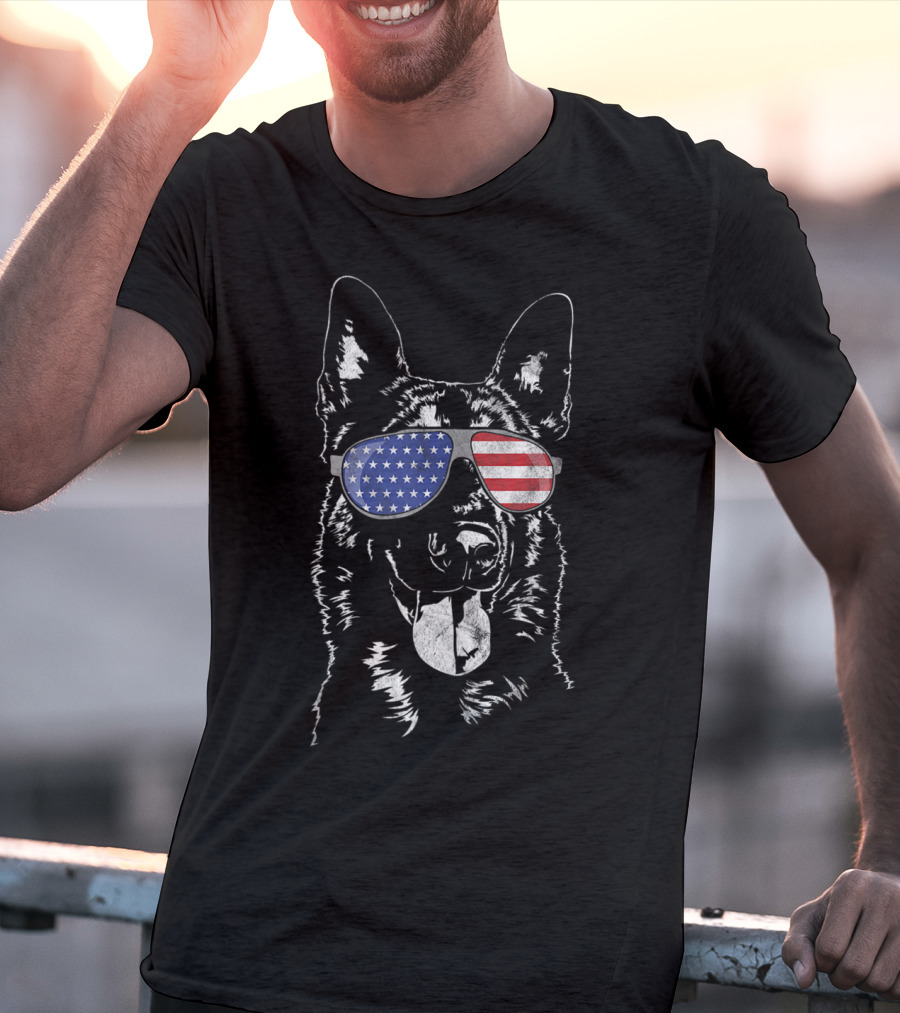 Funny Proud Belgian Malinois Dog In American Flag Sunglasses T-Shirt