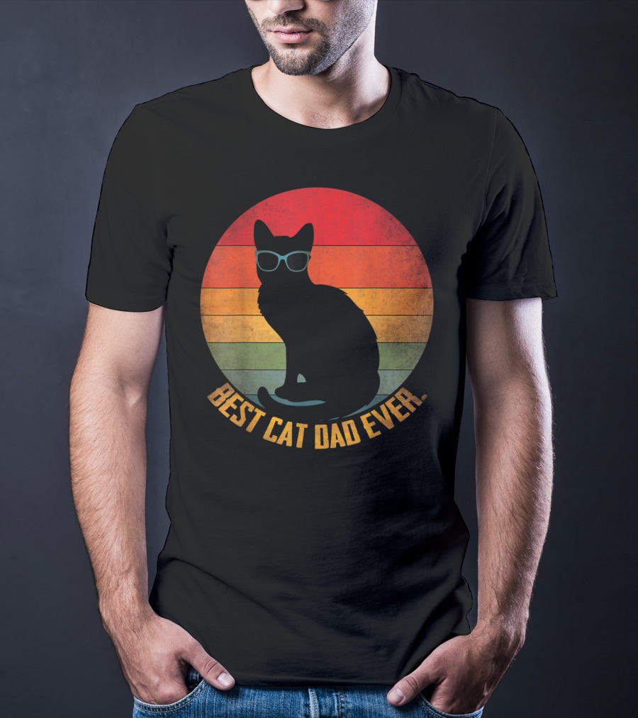 Vintage Sunset Best Cat Dad Ever Silhouette With Sunglasses T-Shirt