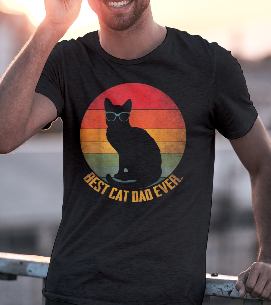 Vintage Sunset Best Cat Dad Ever Silhouette With Sunglasses T-Shirt