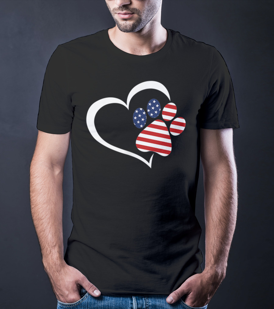 Dog Paw Heart Love Red White Blue American Flag Patriotic T-Shirt