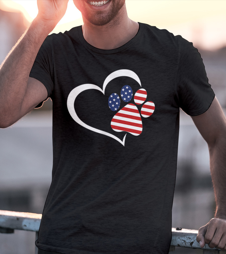 Dog Paw Heart Love Red White Blue American Flag Patriotic T-Shirt