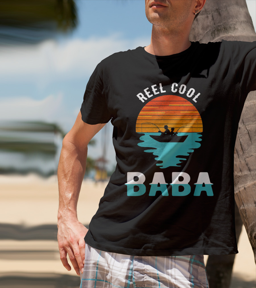 Reel Cool Baba Father's Day Fishing Silhouette Sunset T-Shirt