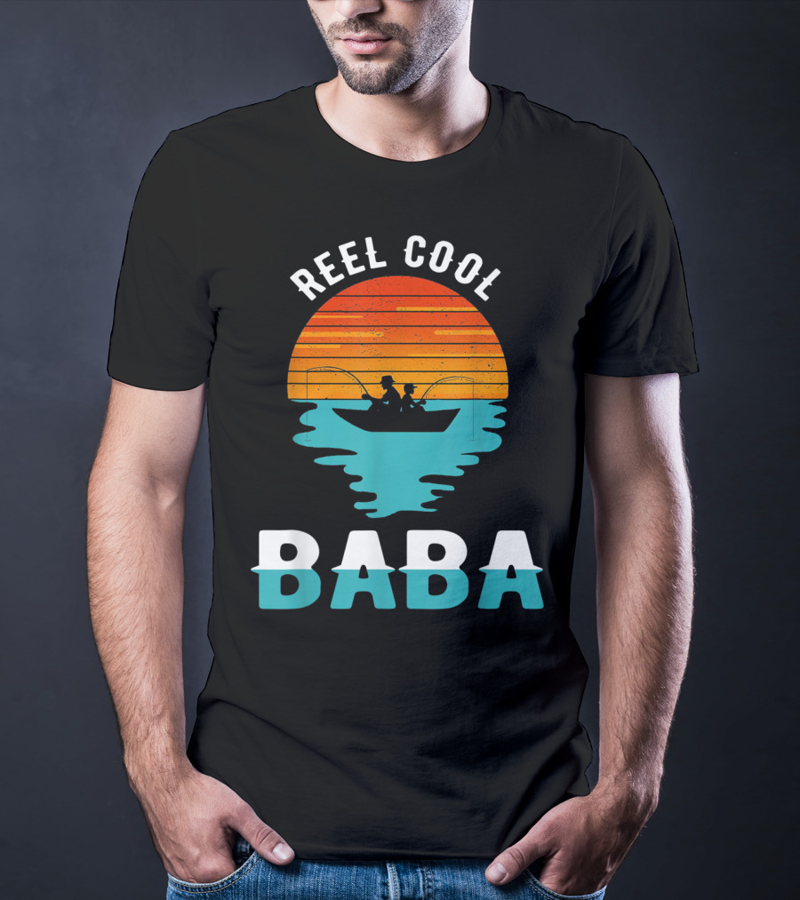 Reel Cool Baba Father's Day Fishing Silhouette Sunset T-Shirt