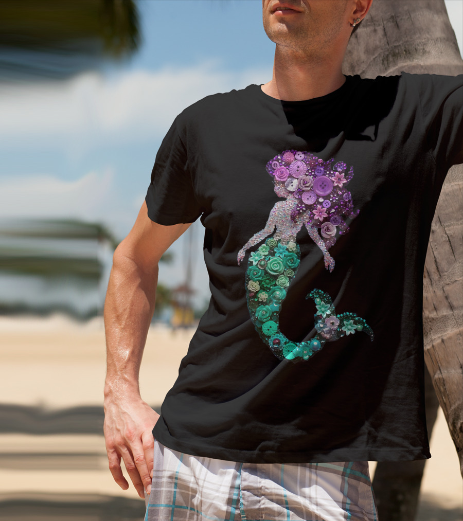 Flower Mermaid Purple Green Buttons T-Shirt