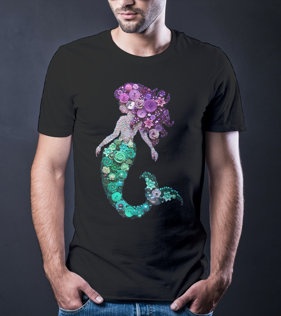 Flower Mermaid Purple Green Buttons T-Shirt