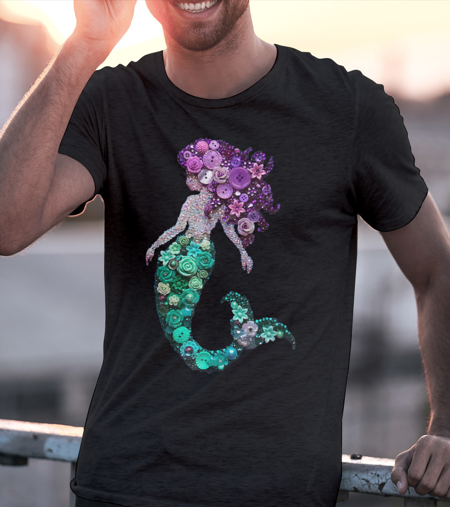 Flower Mermaid Purple Green Buttons T-Shirt