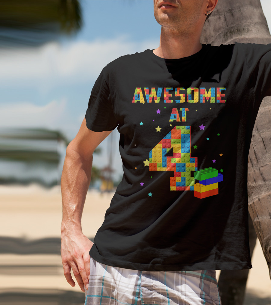 AWESOME AT 4 Building Blocks Kids Birthday T-Shirt