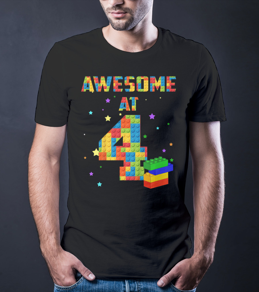 AWESOME AT 4 Building Blocks Kids Birthday T-Shirt