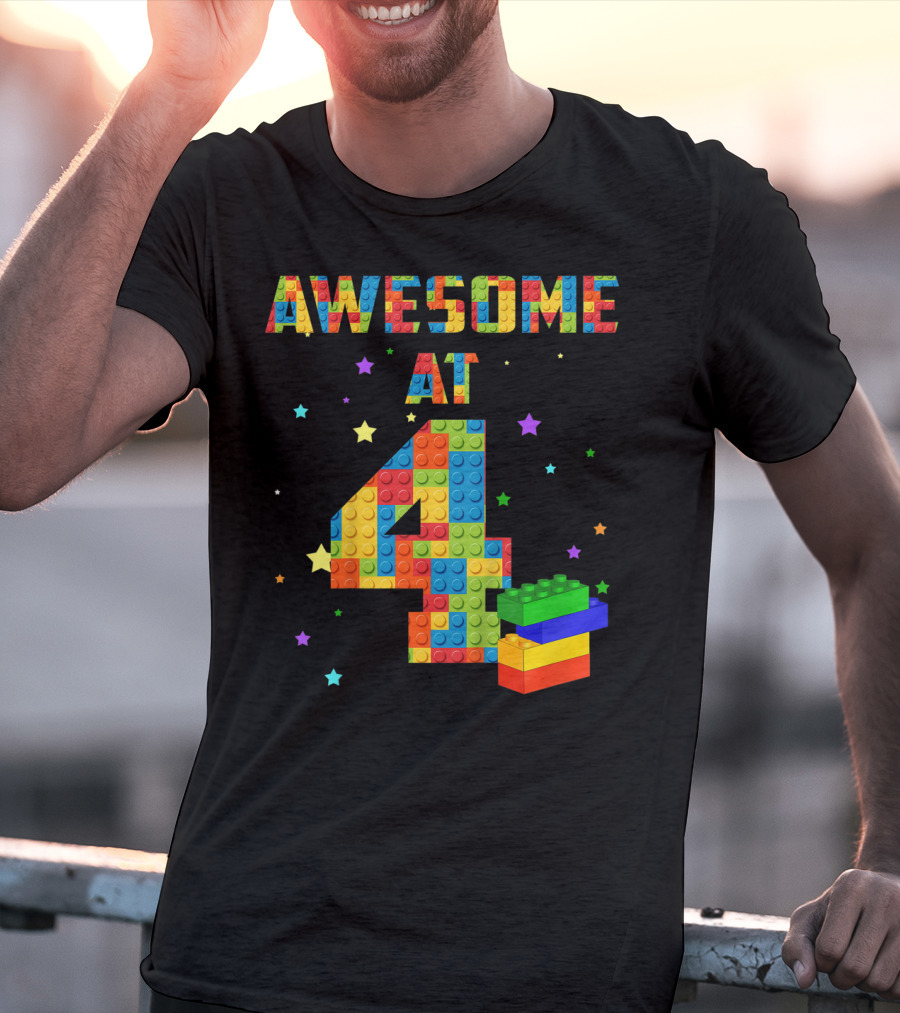 AWESOME AT 4 Building Blocks Kids Birthday T-Shirt