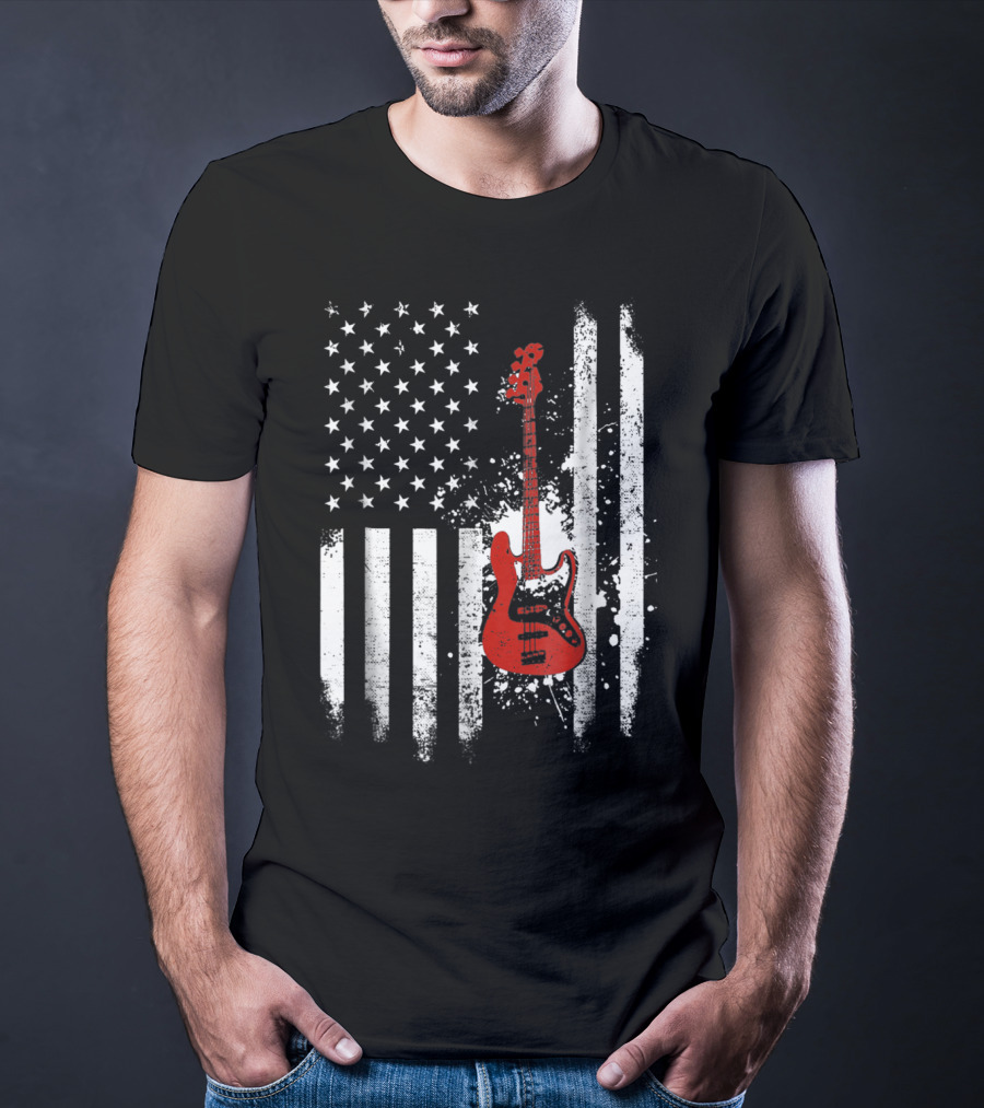 Bass Guitar Red White Stars Stripes American Flag T-Shirt