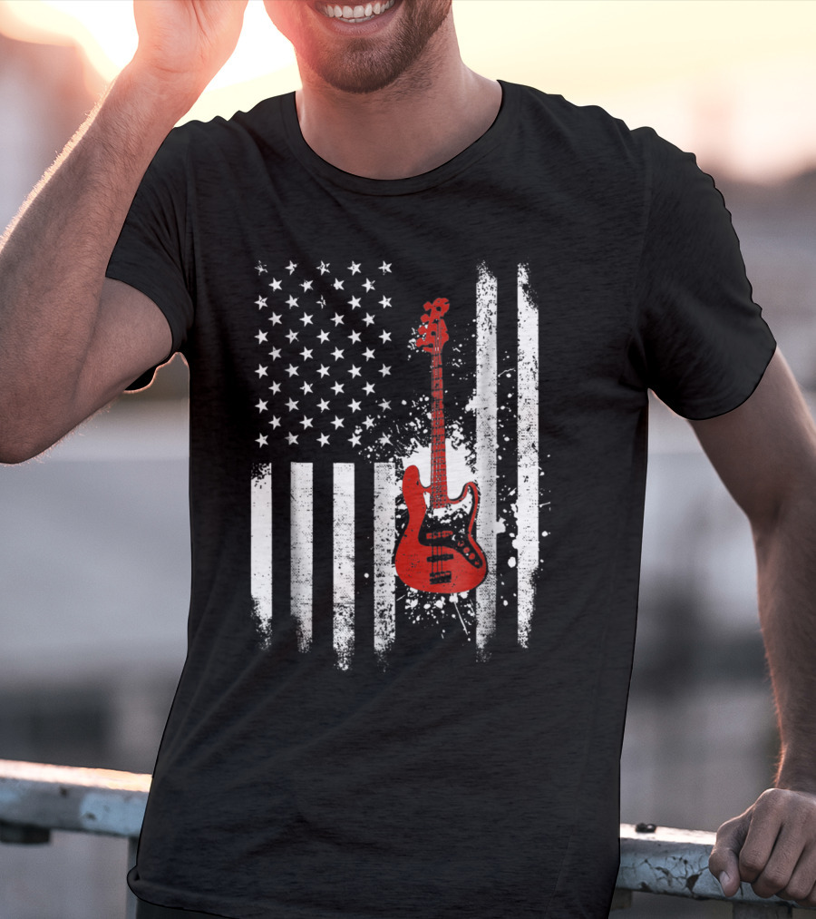 Bass Guitar Red White Stars Stripes American Flag T-Shirt