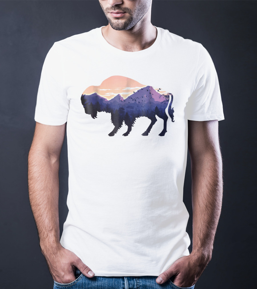 Bison Silhouette With Mountain And Forest Scene T-Shirt