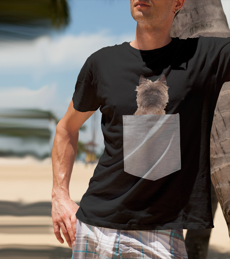 Cairn Terrier Pup Peeking From Pocket T-Shirt