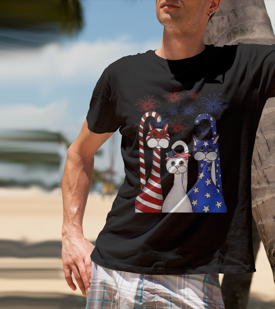 Cat Red White Blue American Flag Patriotic Fireworks T-Shirt