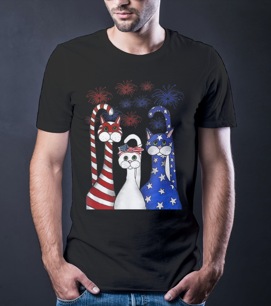 Cat Red White Blue American Flag Patriotic Fireworks T-Shirt