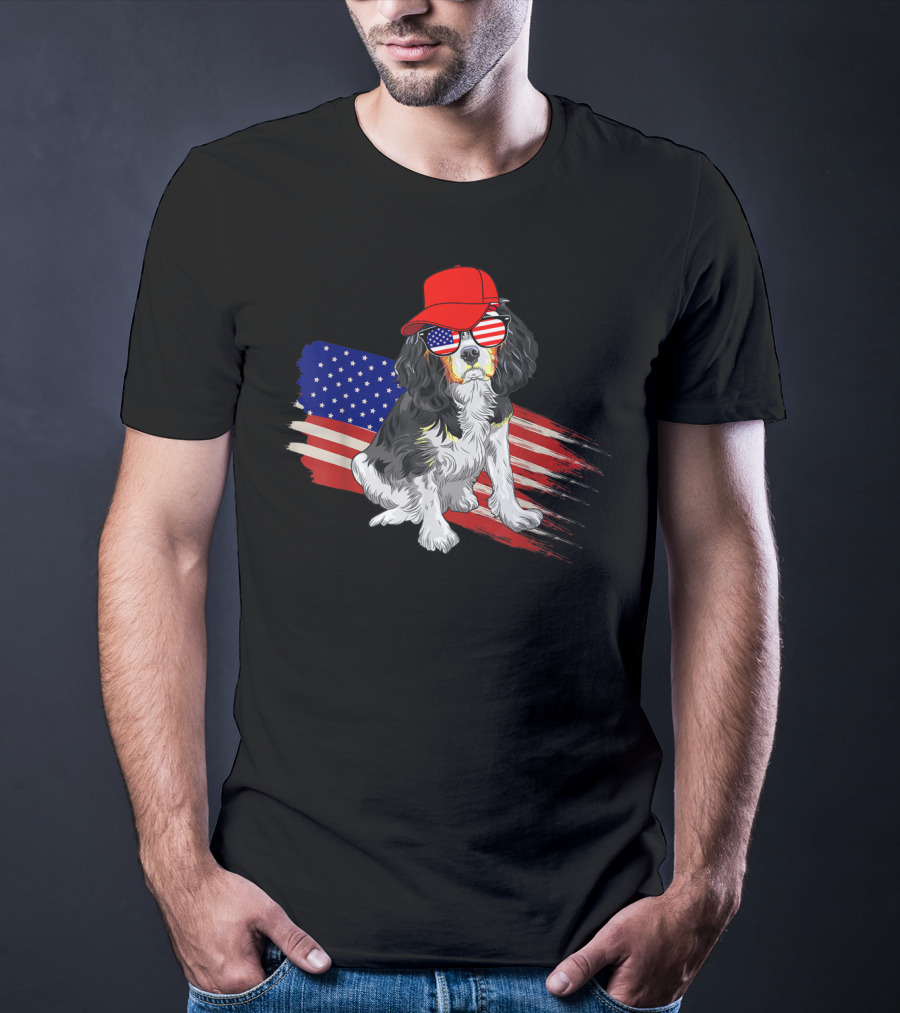 Cavalier King Charles Spaniel USA Flag Hat Sunglasses Patriotic Fourth Of July T-Shirt