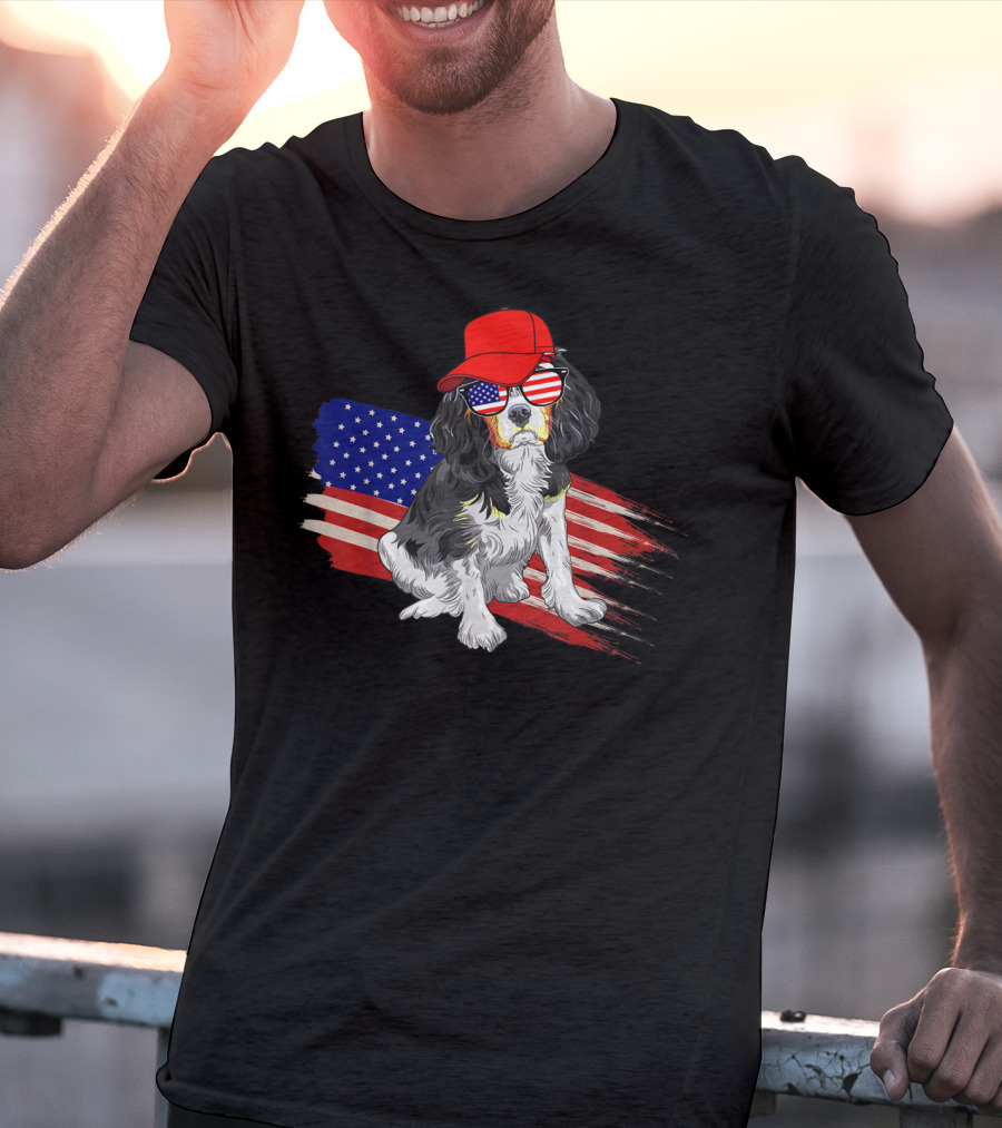 Cavalier King Charles Spaniel USA Flag Hat Sunglasses Patriotic Fourth Of July T-Shirt