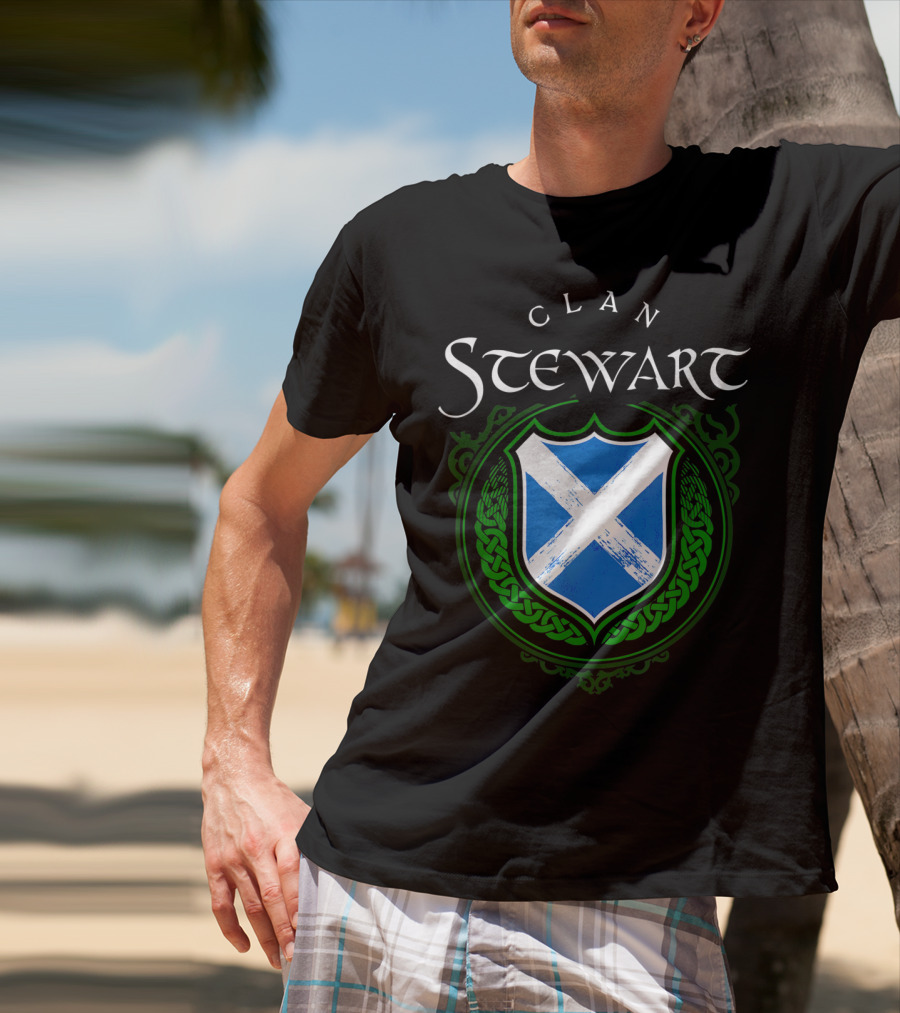 Clan Stewart Scottish Shield Scotland Flag And Green Celtic Knotwork T-Shirt