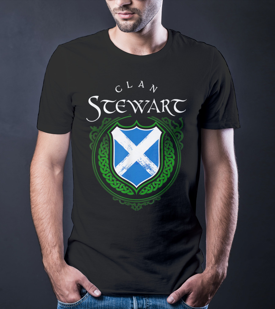 Clan Stewart Scottish Shield Scotland Flag And Green Celtic Knotwork T-Shirt