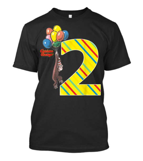 Curious George Holding Balloons Next To Colorful Striped Number 2 For Second Birthday T-Shirt